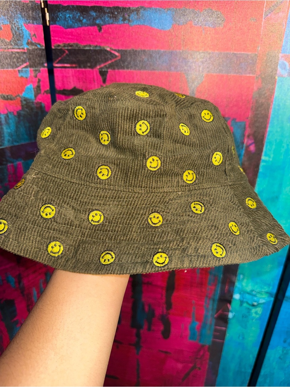 Smiley Bucket Hat - Olive with Yellow Smiley Faces